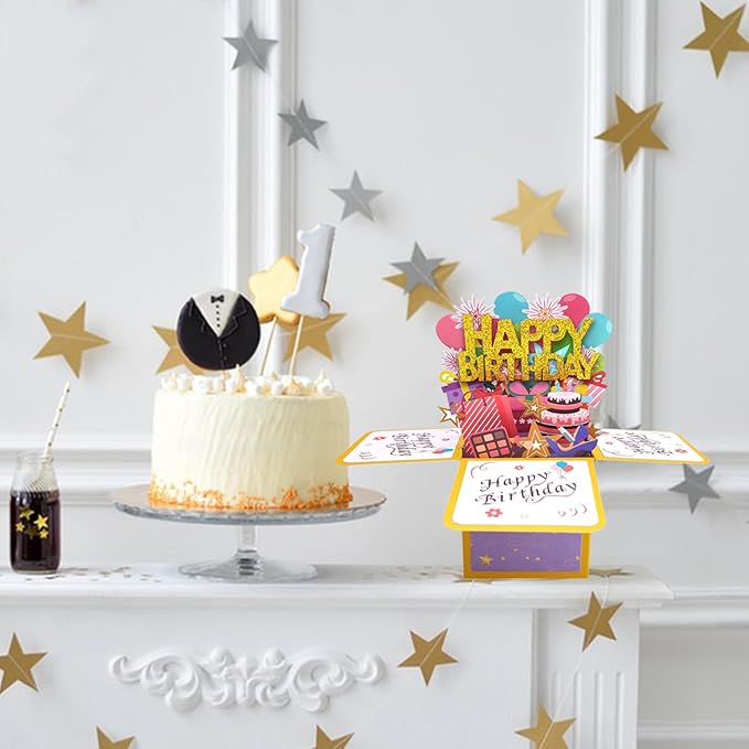 Funny Happy Birthday Pop Up Card, Sweet 3D Birthday Gift Box for Adults and Kids with Envelopes, Unique Handmade Foldable Celebration Cards for Daughter, Son, Mom, Dad, Friend