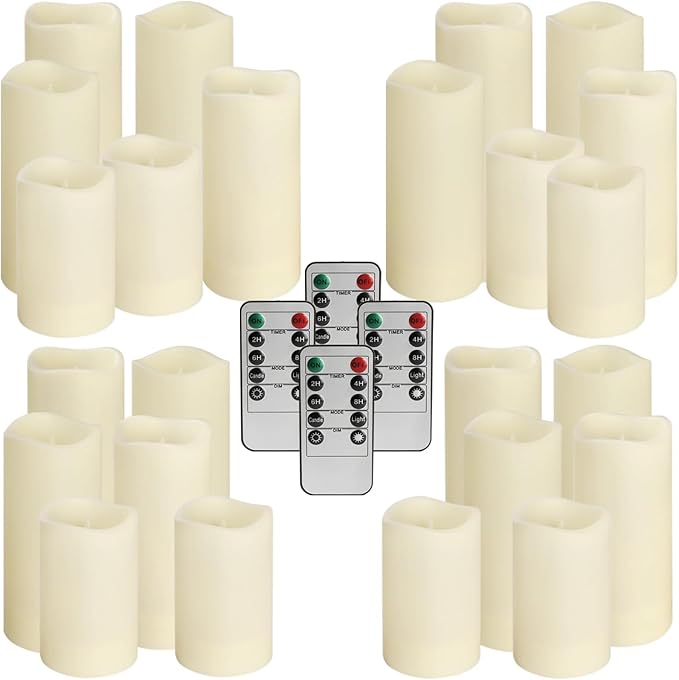 Set of 24 Waterproof Outdoor Flameless Candles, LED Candles with 4 Remote and Timer,(H 4" 5" 6" x D 2.2"),for Christmas,Halloween,Wedding,Festival