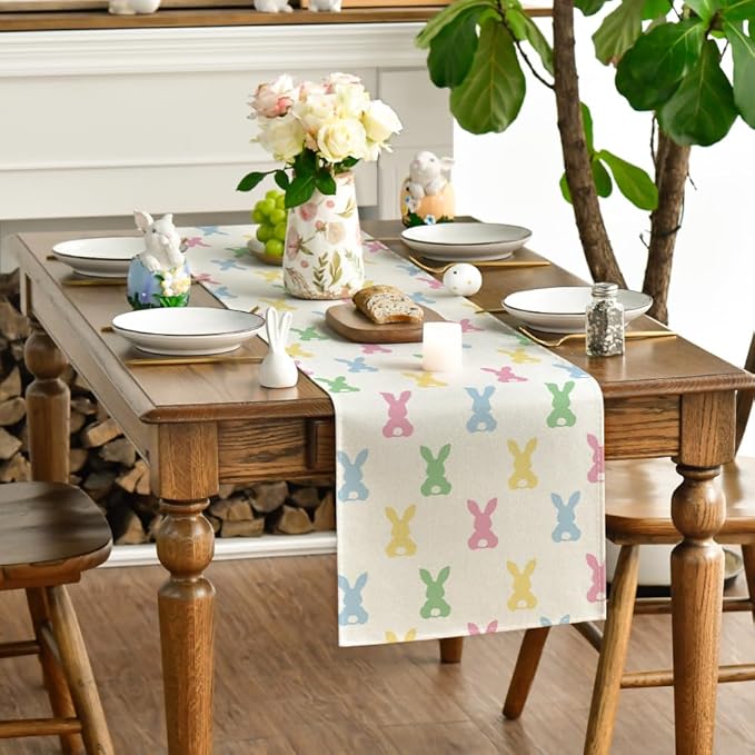 Artoid Mode Green Pink Bunny Rabbit Easter Table Runner, Spring Kitchen Dining Table Decoration for Home Party Decor 13x48 Inch