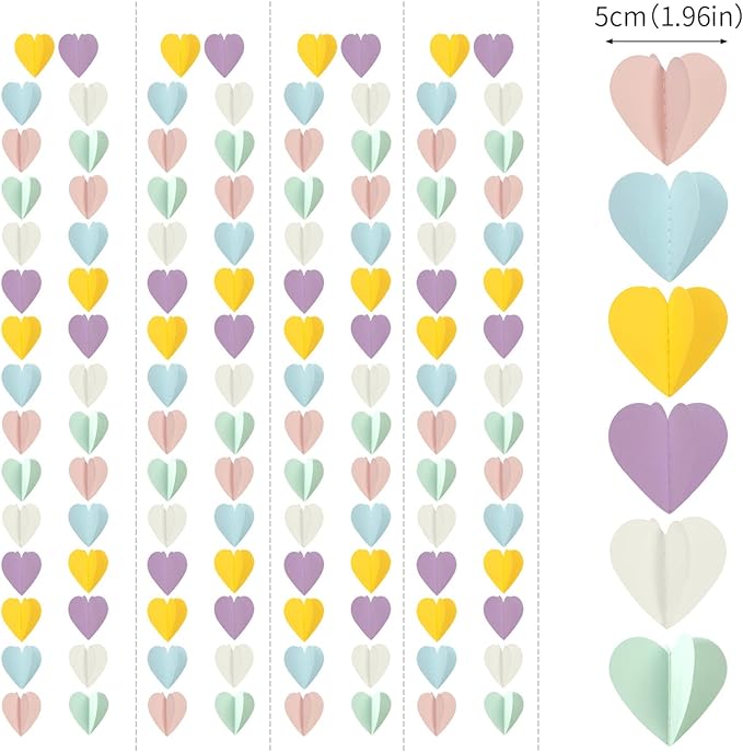 Pastel-Rainbow Party-Decorations 3D Heart Garland - 39Ft Yellow Blue Pink Purple Mint Hanging Paper Streamers Banner, Engagement Wedding Bachelorette Baby Bridal Shower Decor Ouruola