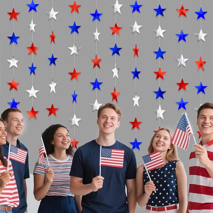 Red Silver and Blue Hanging Star Garland Patriotic Hanging Star Streamer Glitter Star Backdrop for 4th of July, Independence Day, Memorial Day, Veterans Day, Labor Day Decorations Decorations 40 Feet