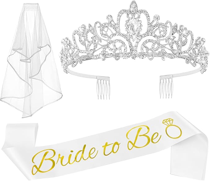 JETKONG 3 Pcs Bachelorette Party Decorations Bridal Shower Crown, Bride to Be Sash&Veil for Women Bachelorette Party Gifts, Bachelorette Party Supplies, Gifts, Favors (Silver)