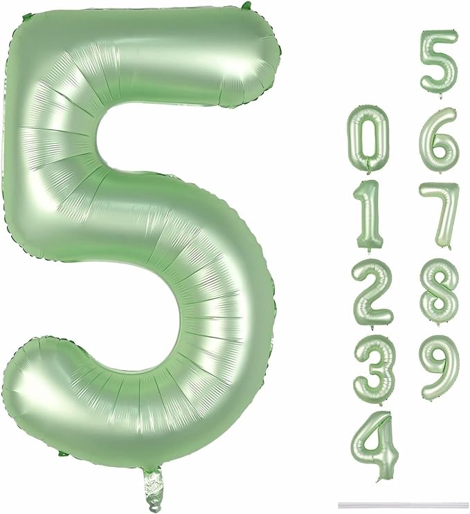 Sage Green 5 Balloons, 40" Giant Helium Foil Number 0-9 Olive Green Birthday Balloon for Boys Girls, Self Inflating Digit 5 Balloons for Women Men Anniversary Jungle Safari Party Decorations Supplies
