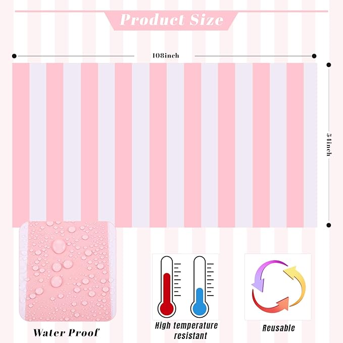 Kesfey 5 Packs Pink and White Horizontal Striped Table Cloth 54 x 108 Inches Pink Stripe Tablecloths Disposable Plastic Stripe Table Covers Waterproof Rectangle Picnic Tablecover for Birthday Party