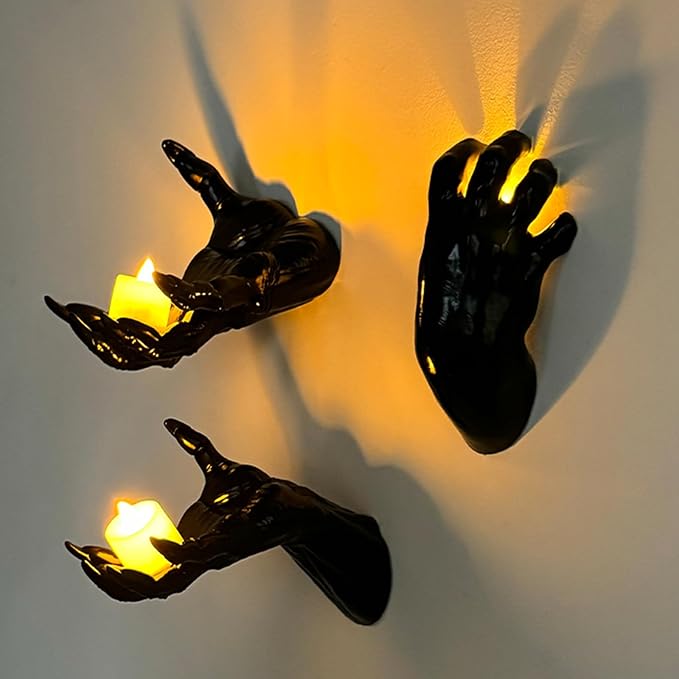 DAZONGE Halloween Decorations Indoor/Outdoor, Pack of 3 Wall Mounted Creepy Reaching Hands with Candles, Life-Sized Horror Hands for Wall Decorations, Gothic Hanging Wall Art Sculpture