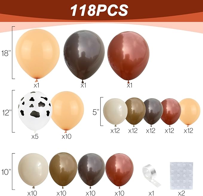 Cow Balloons Garland Arch Kit, 118pcs Brown Apricot Balloons Arch Kit 18/12/10/5 inch Brown Nude Tan White Latex Balloons for Woodland Cow Farm Theme Party Cowboy Birthday Baby Shower Decoration