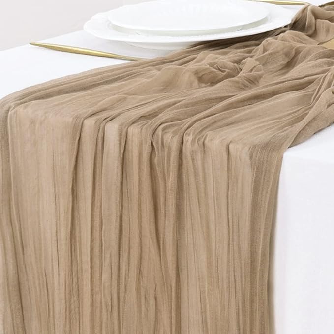 Socomi 10pcs Nude Brown Cheesecloth Table Runner Boho Rustic Gauze 120 inch 10FT Cheese Cloth Runner for Wedding Party Baby Shower Birthday Home Decor Holiday Decorations