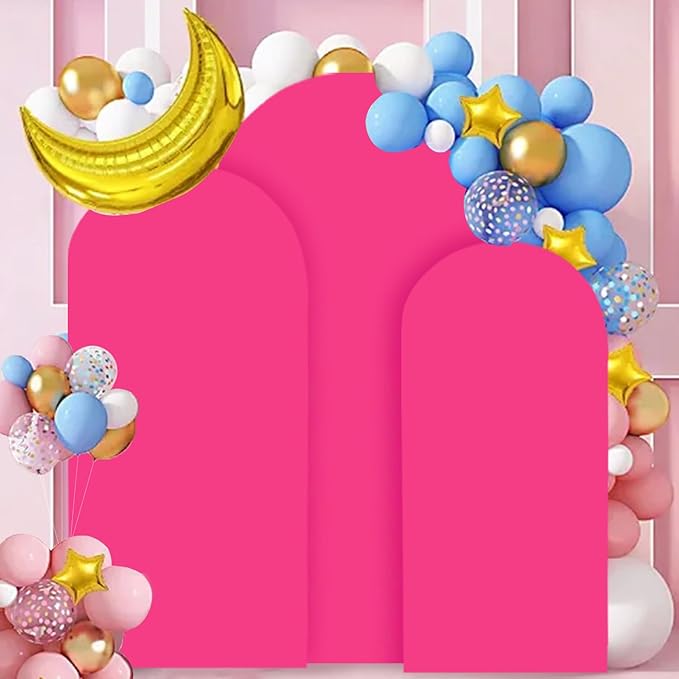 Arch Backdrop Cover Set of 3 Hot Pink Arch Cover Backdrop Fabric 5FT 6FT 7FT Spandex Round Top Arches Stand Covers for Birthday Party Arched Covers Stretchy Backdrops for Prom Reception Decor