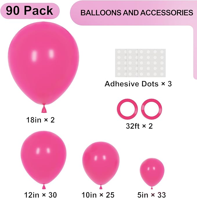 90pack Hot Pink Balloons Different Size 18/12/10/5 Inch Dark Pink Balloon Garland Arch Kit for Graduation, Wedding, Birthday, Princess Theme Party, Valentine's Day, Baby Shower Decorations