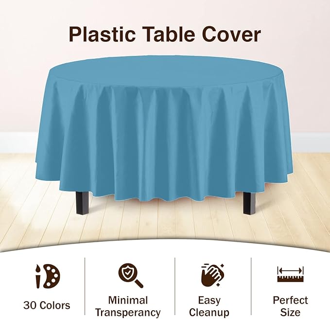 Exquisite 12-Pack Premium Plastic Tablecloth 84in. Round Table Cover - Sky Blue