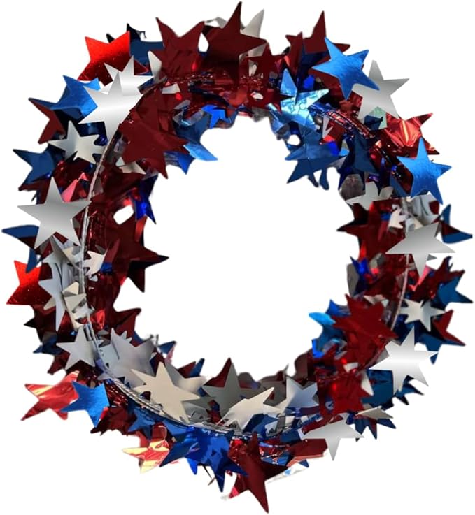 PMU 75 Ft Patriotic Star Garlands with Wire, Shiny Metallic Garland for 4th of July, National Day, Independence Day, Red, White and Blue (3pc-25Ft Each)