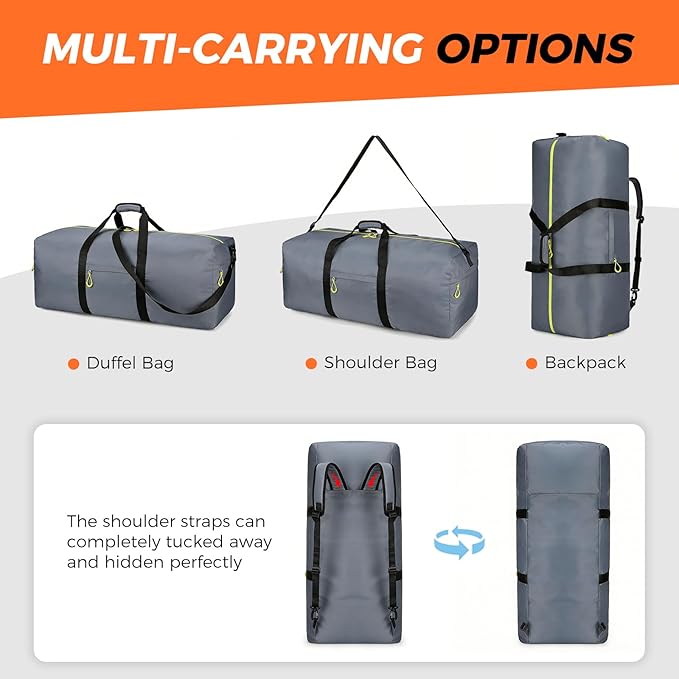 Uarition 100L Extra Large Duffle Bag for Travel, 3 In 1 Travel Duffel Bags for Men and Women, Foldable Duffle Backpack for Traveling, Grey