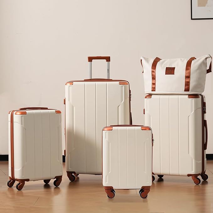 Merax Luggage Set 6 Piece Expandable Lightweight ABS Hardshell Suitcases with Wheels, Corner Guards (White Brown, 6 piece set)