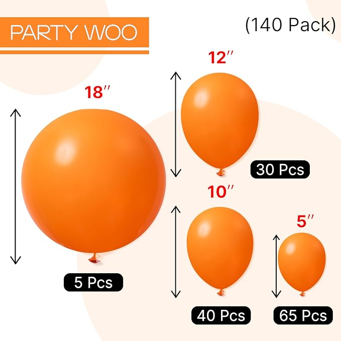 PartyWoo Orange Balloons 140pcs Different Sizes of 18 12 10 5 Inch Matte Fall Balloon Arch Kit Garland for Thanksgiving Halloween Little Cutie Baby Shower Birthday Party Decorations Orange-Y9