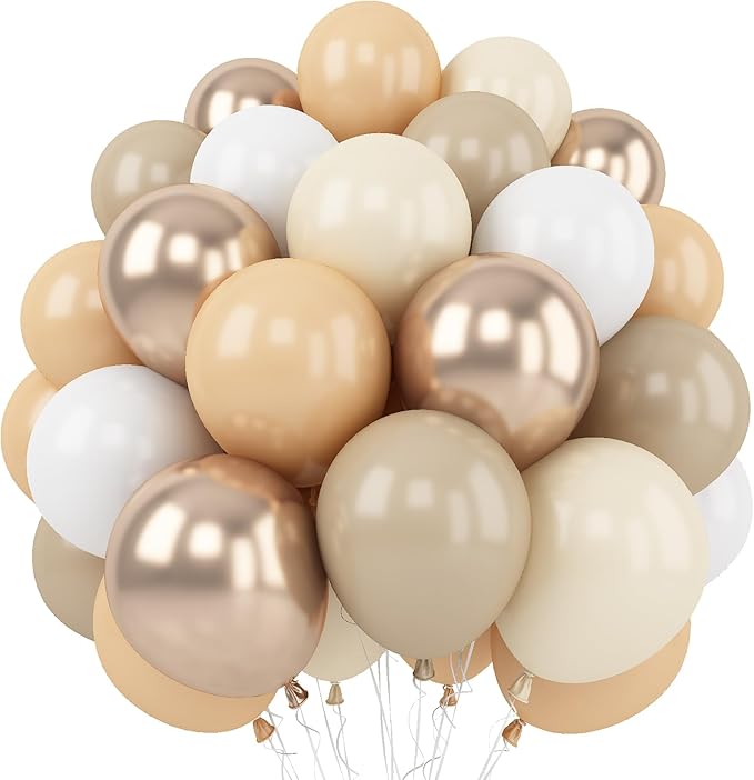 White Sand Balloons Set, 60 Packs 12 Inch Double Stuffed Beige Boho Balloons with Metallic Chrome Champagne Nude Neutral Cream Balloon for Bridal Shower Baby Shower Birthday Wedding Party Decoration