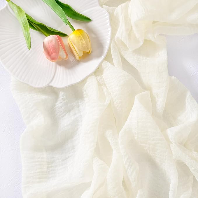 Socomi 6pcs Ivory White Cheesecloth Table Runner Valentine's Day Gauze 120 Inch Rustic Boho Cheese Cloth Runner for Wedding Party Baby Bridal Shower Centerpiece Decoration Holiday Home Decorations