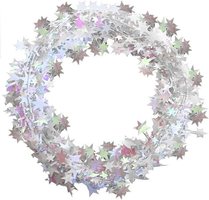 PMU 25 Ft Star Wire Shiny Garland White Iridescent - Halloween, Christmas Party, Wedding, Birthday, Festive Home Decoration Ornament White Iridescent