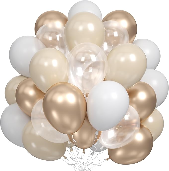 Nude White Gold Balloons, 60PCS Metallic Champagne Gold Cream White Clear Balloon White Sand Blush Beige Transparent Party Balloons for Birthday Boho Wedding Anniversary Engagement Hen Decorations