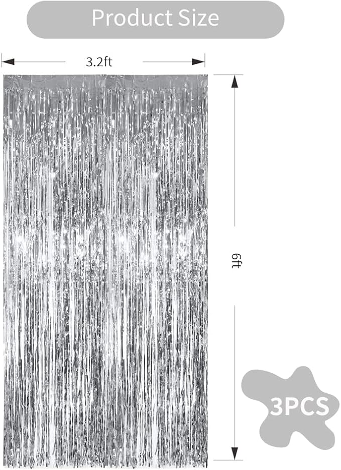 TONIFUL 3Pcs Silver Metallic Tinsel Foil Fringe Curtains,3.28ft x 6.56ft Silver Photo Booth Backdrop Streamer Curtain,Great for Bachelorette,Birthday,Christmas,New Year Party Decorations