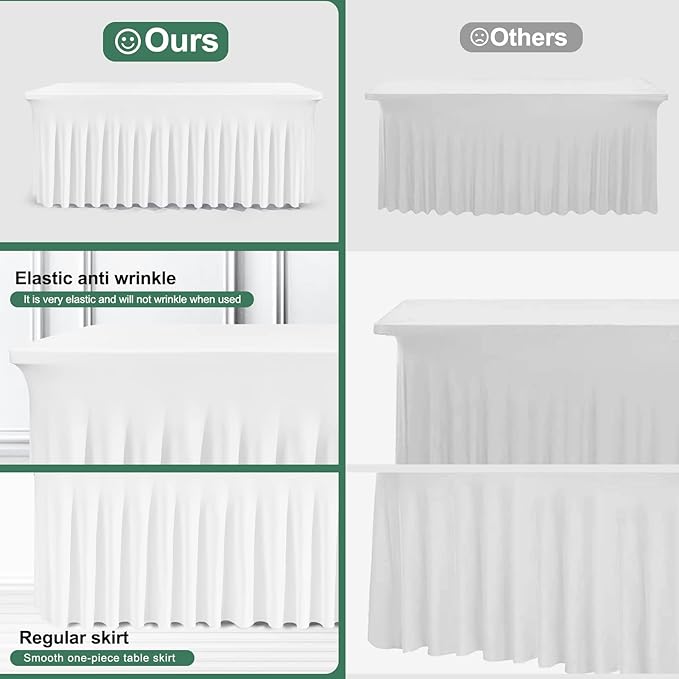 Table Skirt for 4 Foot Tables - 2 Pack One-Piece White Tablecloths and Skirt, Wrinkle Resistant Ruffles Elastic Cover for Banquets, Weddings, Events, Parties
