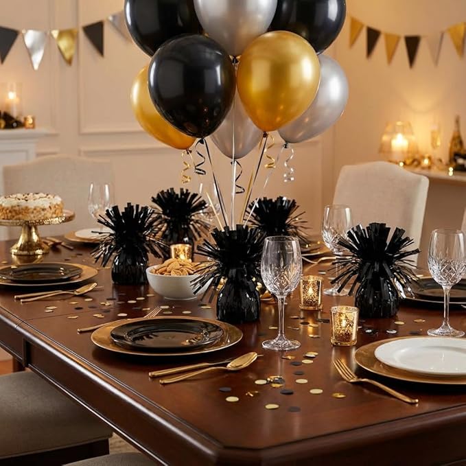 Aluminum Foil Balloon Weights for Parties (6 pcs) - 0.31lb (140g) Each - Premium Balloon Anchors for Birthday, Wedding, Dinner, Indoor & Outdoor Decorations(Black 6pcs)