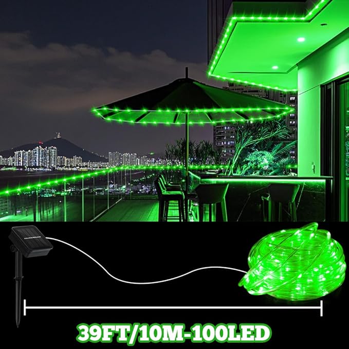 Solar Rope Light Waterproof 39FT 100LEDs Outdoor IP65 Solar String Lights for Easter Outside Party Garden Yard Home Wedding Christmas Halloween Holiday St. Patrick's Day Tree Lighting(Green)