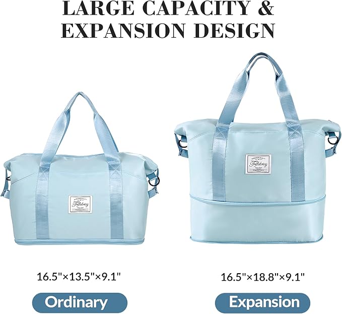 Travel Duffel - Large Shoulder Weekender Overnight Carry on With Wet Pocket, Waterproof Expandable Bag With Trolley Sleeve, Sports Tote Gym for Women, Blue