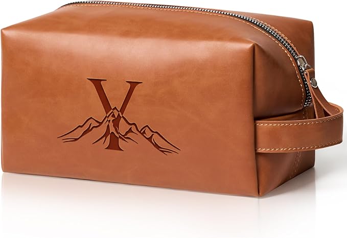 Personalized Gifts Travel Toiletry Bag for Men Engraved Initial PU Leather Waterproof Shaving Bag for Toiletries Accessories Fathers Day Birthday Gift for Men Dad Husband Son, Light Brown Y