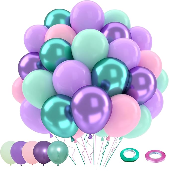 Patimate Mermaid Party Balloons Set, 50 pcs 12 inch Pastel Purple Pink Green Metallic Purple Green Latex Balloons Kit for Girls Mermaid Birthday Baby Shower Under The Sea Party Decorations