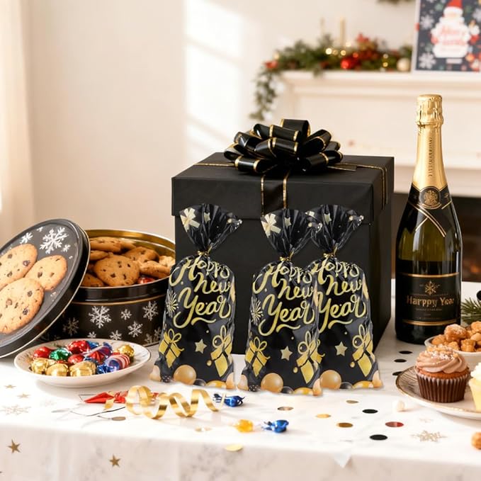 Happy New Year Cellophane Treat Bags, 200 PCS New Years Candy Goodie Gift Bags for Party Favors, Black Gold Plastic Cookie Snack Bag with Twist Ties for 2026 NYE Eve Party Holiday Decorations Supplies