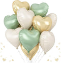 Sage Green Gold Heart Balloons, 12PCS Green Gold Heart Shaped Foil Balloons, 18Inch Green Cream White Heart Helium Foil Balloon for Jungle Woodland Birthday Wedding Baby Shower Party Decoraion