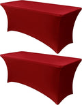 Obstal 8Ft Stretch Spandex Table Cover for Standard Folding Tables - 2 Pack Universal Rectangular Fitted Tablecloth for Party, Banquet, Events, Trade Show (Dark Red, 96L x 30W x 30H Inches)