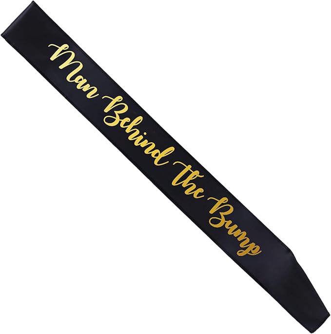"Man Behind The Bump" Funny Baby Shower Sash for Daddy to Be, Baby Shower Party Decorations Gifts Supplies Dad to Be Baby Gender Reveal Ideas New Father Favors (Black and Gold)