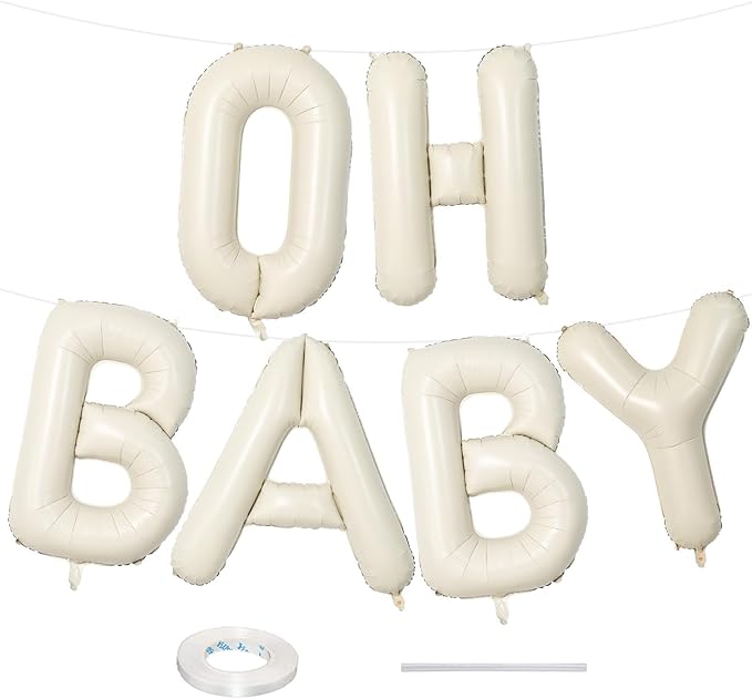 40 Inch Beige OH BABY Balloon for Baby Shower, Large Cream White Oh Baby Balloons Letters with Ribbon, Neutral Ivory Alphabet Oh Baby Balloon Banner Sign for Gender Reveal Backdrop Party Decorations