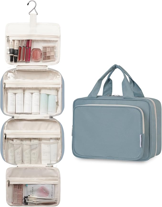 Narwey Travel Toiletry Bag for Women Large Hanging Makeup Bag Organizer Toiletries Bag for Full Size Essentials Accessories Cosmetics (Greyish Blue (Large))