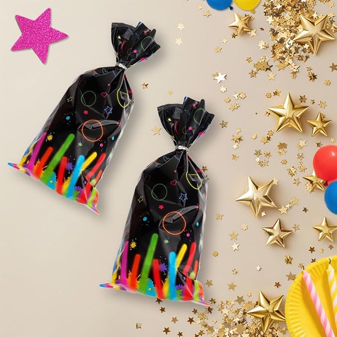 Neon Cellophane Treat Bags, 100 Pcs Neon Candy Goodie Gift Wrap Bags for Party Favors, Plastic Colorful Cookie Snack Bag with Twist Ties for Kids Birthday Halloween Party Favors Decorations Supplies
