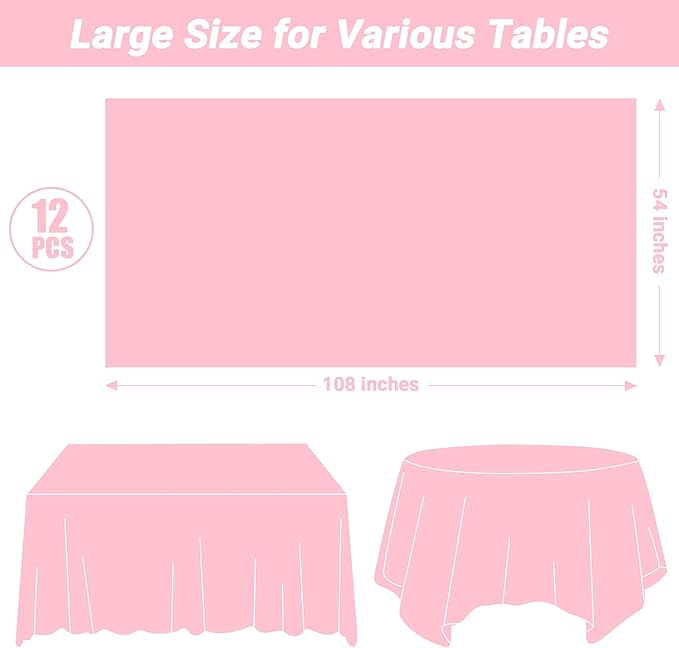 QZYL 12 PCS Pink Table Cloth Rectangle, Plastic Disposable Tablecloths, Decorative Plastic Tablecover, 54 X 108 in Smooth Outdoor Tablecloth, Table Decoration for Parties Picnics Birthdays Weddings