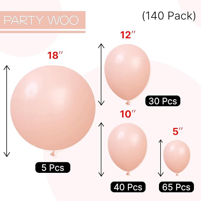 PartyWoo Baby Pink Balloons 140pcs Different Sizes of 18 12 10 5 Inch Pastel Light Pale Pink Peach Balloon Arch Kit Garland for Wedding Baby Shower Engagement Girl Birthday Party Decorations Pink-Q21