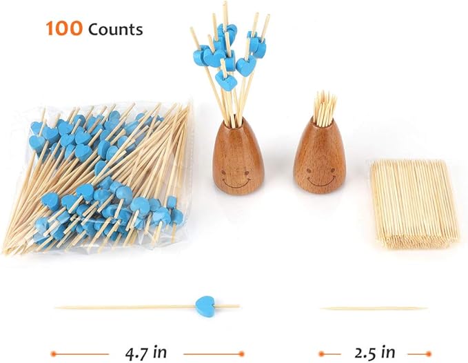 Minisland Sky Blue Love Heart Cocktail Picks, 4.7 Inch Long Bamboo Fancy Toothpicks for Appetizers, Decorative Baby Shower Wedding Valentines Party Food Drinks Fruit Skewer Sticks 100 Counts -MSL133