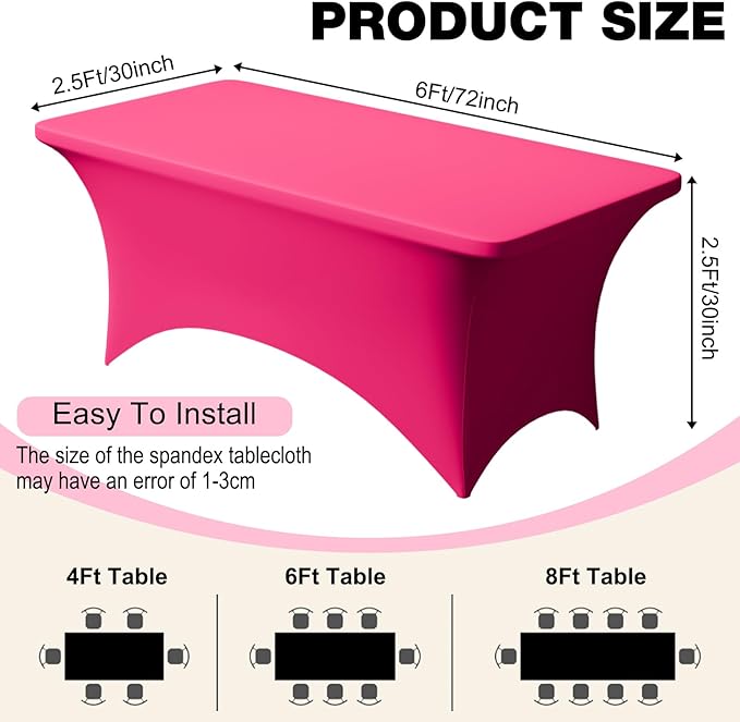 Trlyc 1 Pack 6FT Spandex Table Cloth - 72 x 30 Inch Rectangular Stretch Tablecloth, Wrinkle Resistant Scretch Table Cover for Wedding, Party, Banquet, Picnic, Outdoor Decoration (1Pcs,Fuchsia)