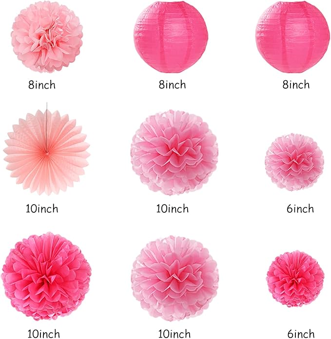 Hot Pink Birthday Party-Decorations Paper-Flowers - 14pcs Happy Banner Girl Lanterns Tissue Pom Poms,Women Streamers Garland Fans,21st 18th Princess Baby Sweet 16 Pretty Hanging Supplies Decor Hugfond