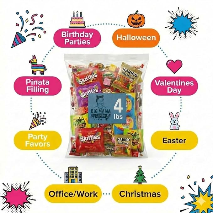 Big Mama Candy Assorted Candy Variety Pack 4 lbs, Bulk Individually Wrapped Candy for Party Favors, Goodie Bags & Pinatas, Easter