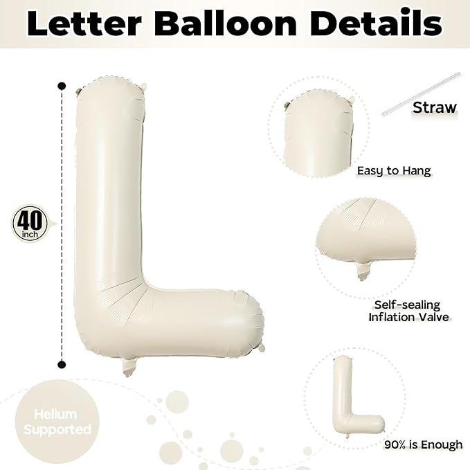 Cream Name Balloon Letters, Large Mylar Helium Alphabet L Custom Balloon Letter Beige Decor, 40 Inch Inflatable Sand White Letter L Foil Customize Balloons for Girls Birthday Party Decoration Supplies