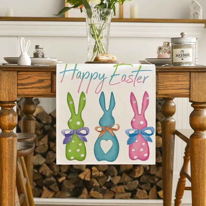 Artoid Mode Green Blue Pink Rabbit Bunny Happy Easter Table Runner, Spring Seasonal Holiday Kitchen Dining Table Decoration for Home Party Decor 13 x 72 Inch