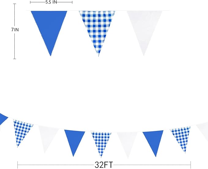 32Ft Deep Blue Party Decorations Blue Buffalo Plaid Checkered White Triangle Flag Gingham Pennant Bunting Fabric Garland for Picnic Racing Car BBQ Birthday Wedding Outdoor Garden Oktoberfest Decor