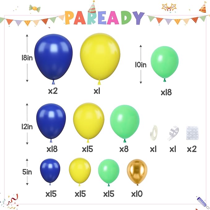 Paready Blue Green Balloons Garland Arch Kit,117Pcs Royal Blue Green Yellow Balloons Arch for Fruit Theme Birthday Wedding Bridal Shower Graduation Jungle Baby Shower Party Decorations