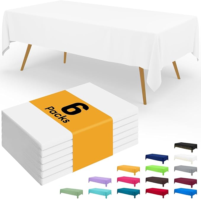 Smiry Disposable Table Cloth - 6 Pack, 54 x 156 Inch Waterproof Rectangle Tablecloths for Parties, Decorative Plastic Table Cover, Leakproof & Sturdy, White