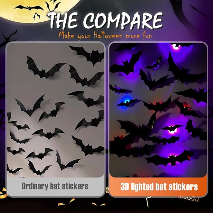 2025 New Halloween 3D Lighted Bats, LED Purple Lighted 3D Bats Halloween Decoration, Upgrade LED Glowing Bat Group Hanging Wall Luminous Glow Clings Multipack (24Pcs Black)