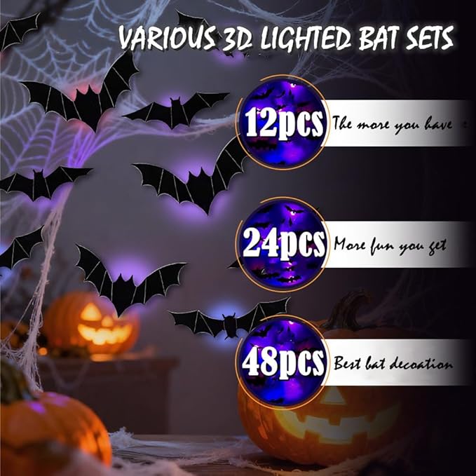 2025 New Halloween 3D Lighted Bats, LED Purple Lighted 3D Bats Halloween Decoration, Upgrade LED Glowing Bat Group Hanging Wall Luminous Glow Clings Multipack (24Pcs Black)