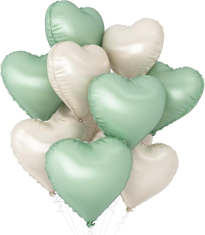 Sage Green White Heart Balloons,10Pcs Sand White Foil Heart Shaped Balloons,18Inch Olive Green Helium Balloon for Valentines,Engagement,Birthday,Baby Shower,Wedding Party Decorations